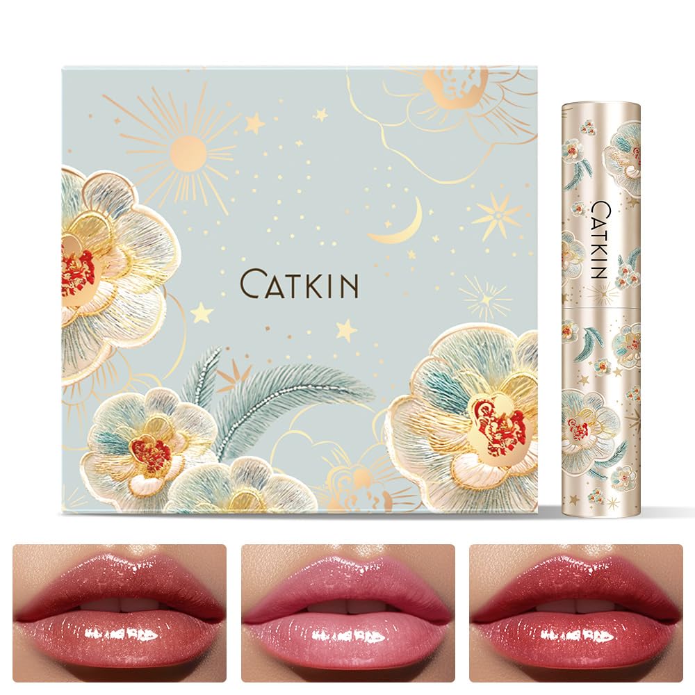 CATKIN Glossy Lip Balm 3pcs Gift Set, Ultra Hydating Glow Lip Tinted Jelly Plump Melting Balm Shea