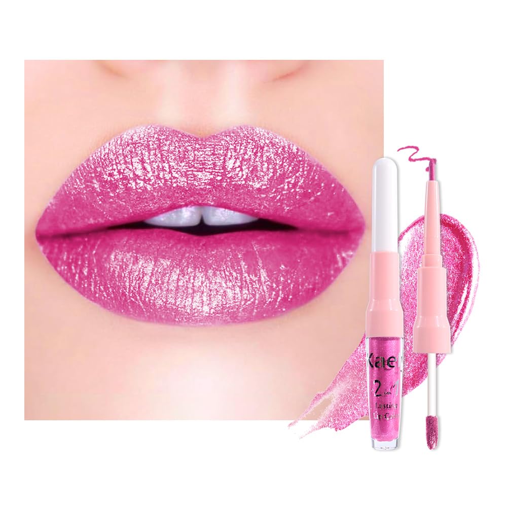 evpct Hot Pink Metallic Glitter Lip Liner and Lipstick Combo Lip Gloss Stain Set Makeup for Women