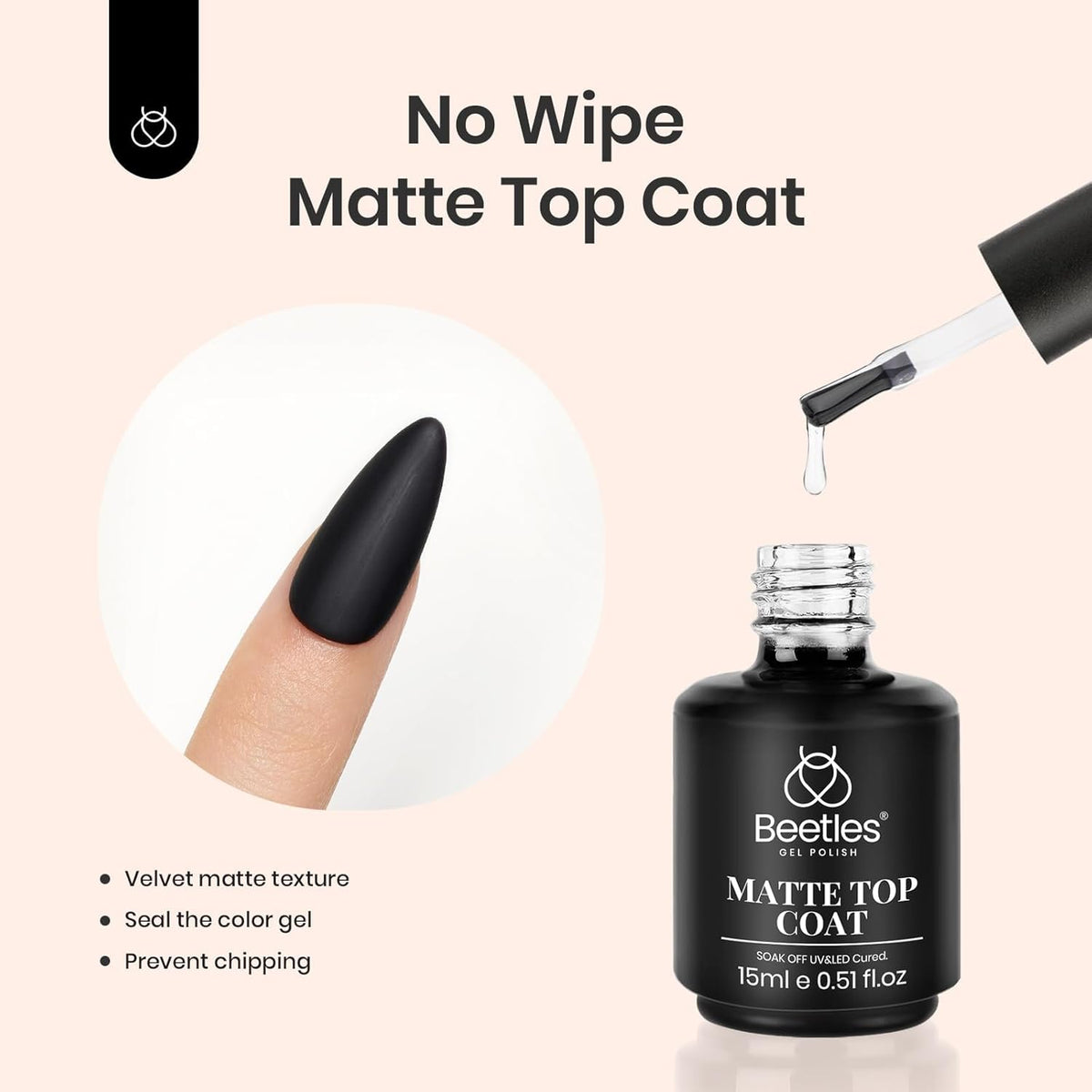 Beetles Matte Top Coat 2 Pcs 15ml No Wipe Gel Glossy Nail Polish Shine Effect Long Lasting Soak Off