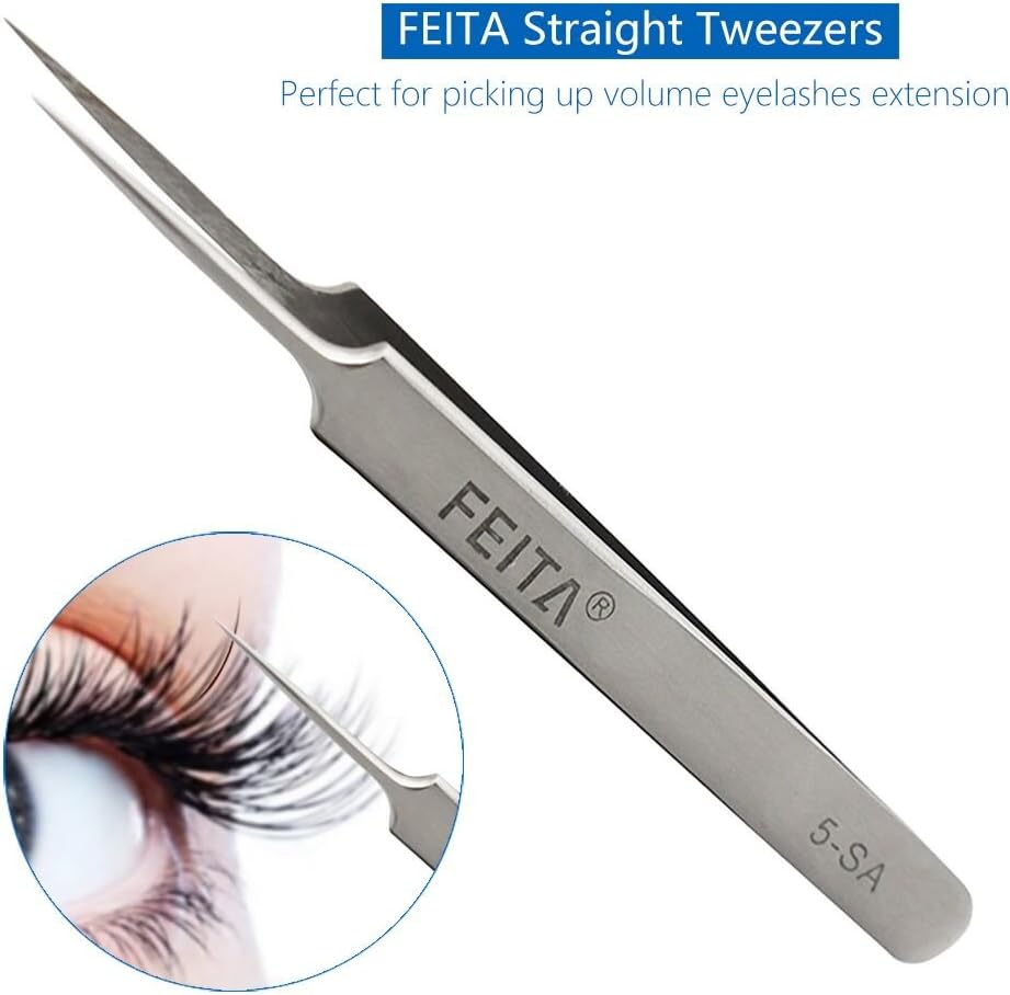 FEITA Precision Eyelash Extension Tweezers Set - Professional Straight & Curved Pointed Very Fine