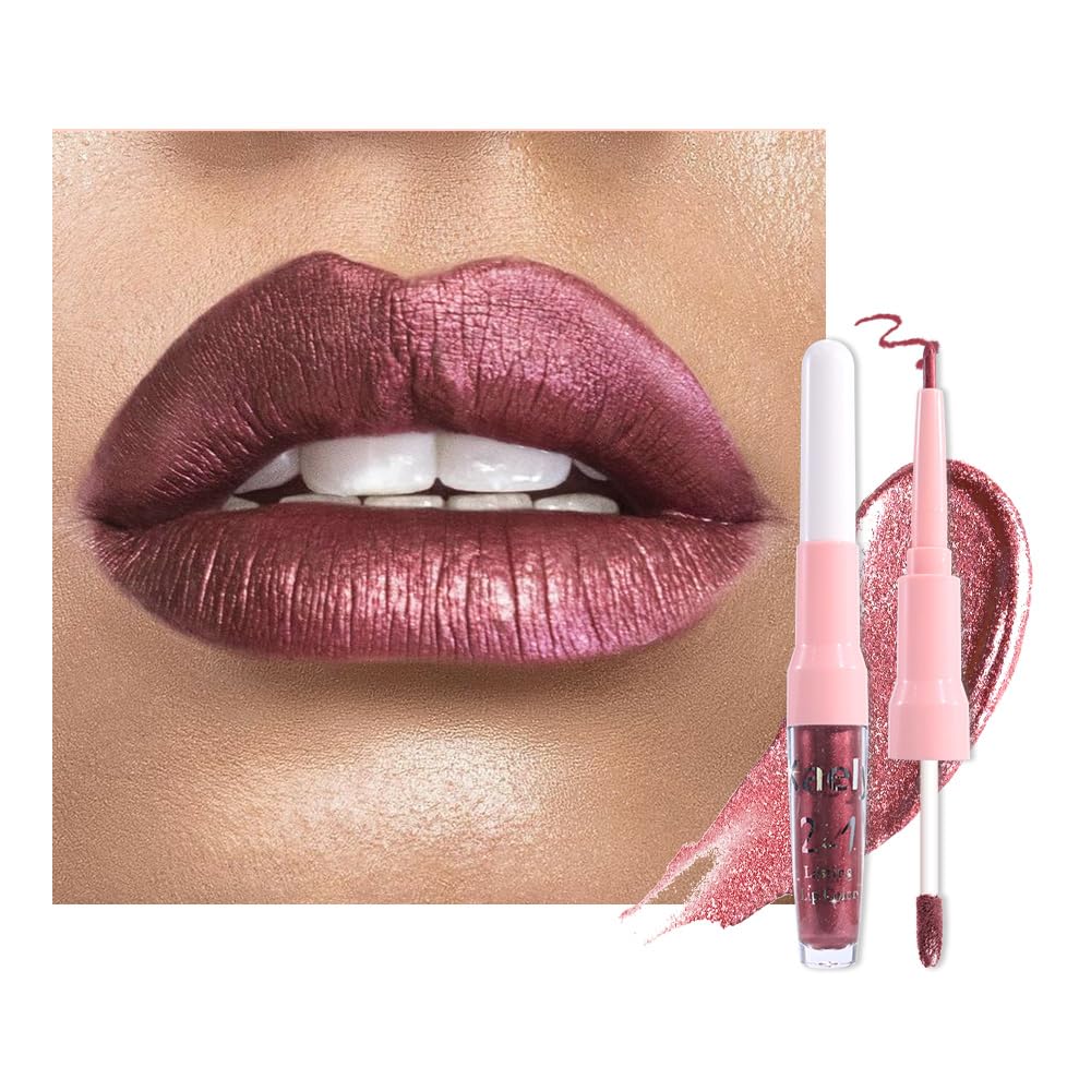 evpct Dark Wine Red Metallic Glitter Lip Liner and Lipstick Combo Lip Gloss Stain Set Makeup for