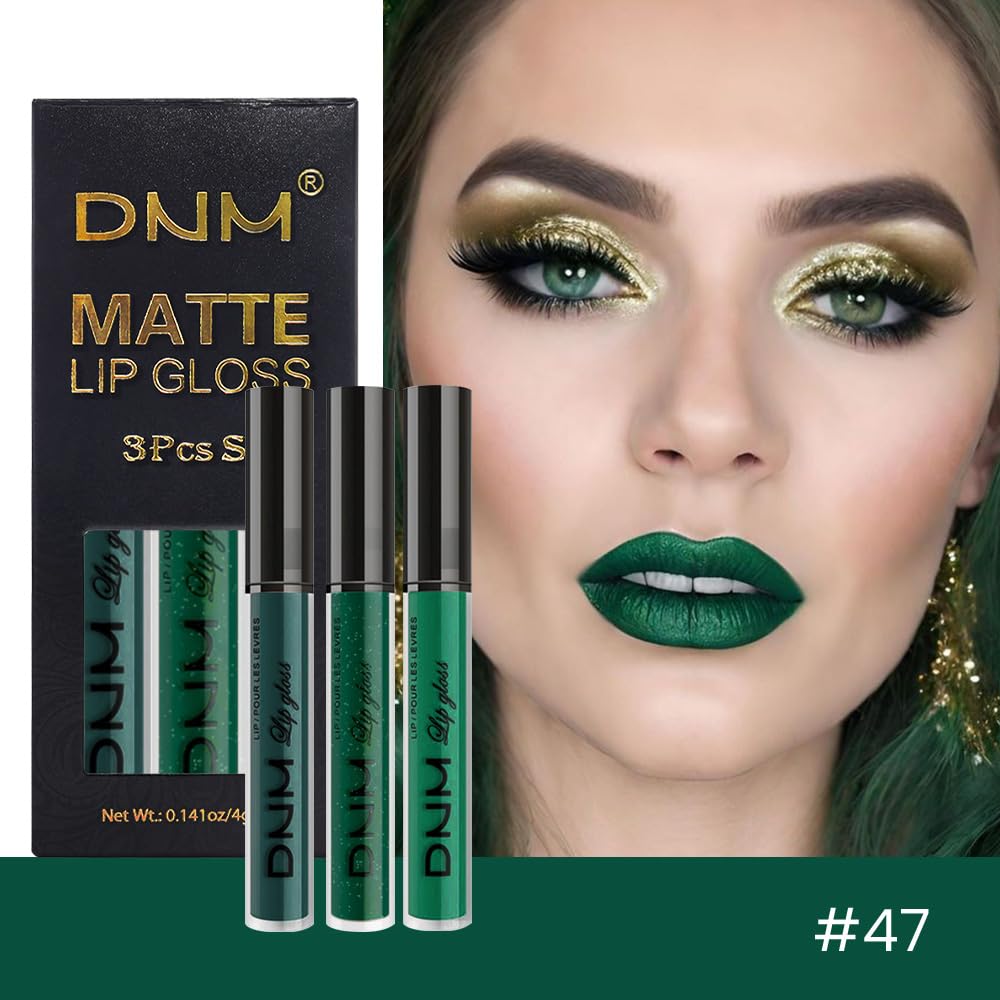 evpct 3Pcs Dark Deep Forest Green Shimmer Matte Liquid Lipstick Lip Stain Sets for Women