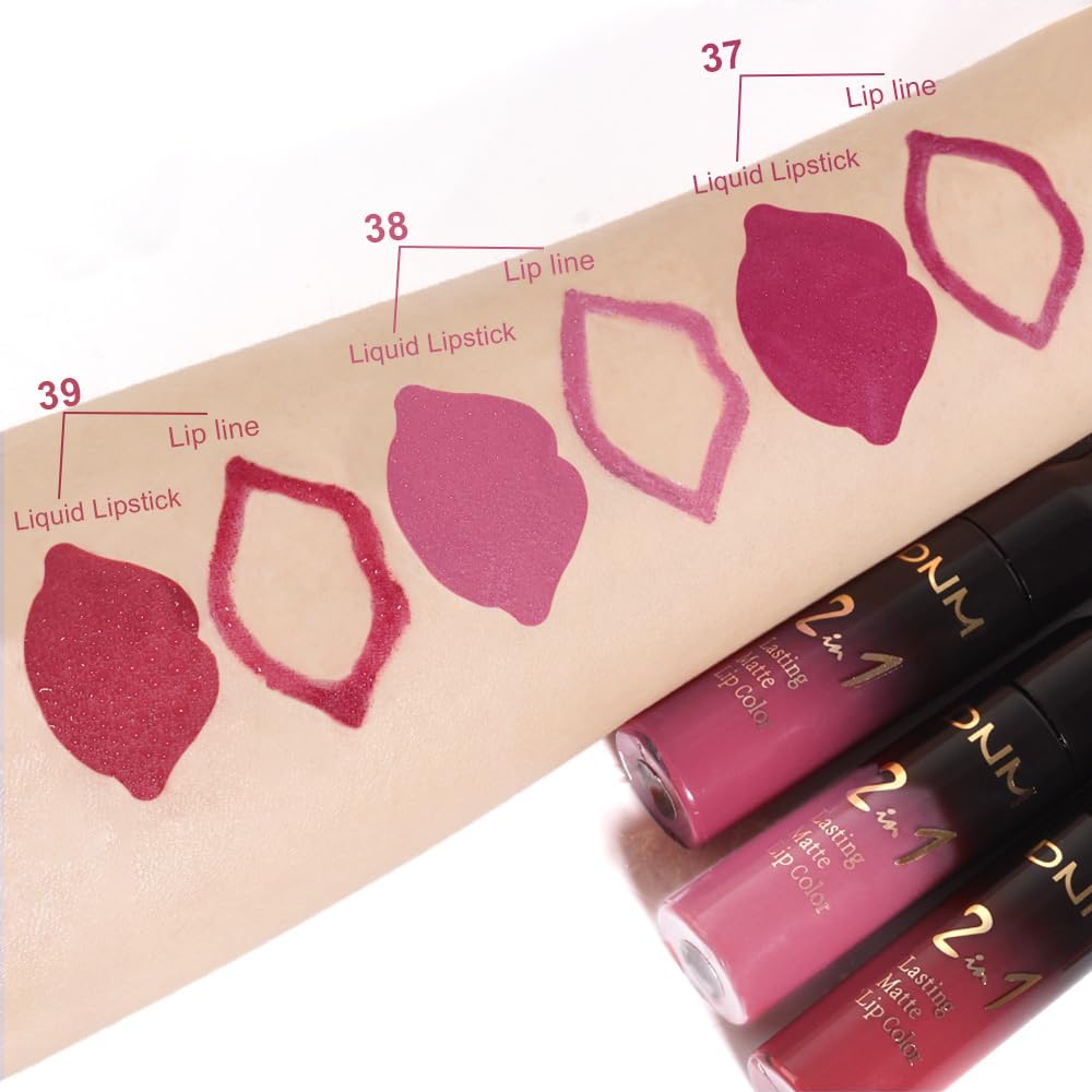evpct 3Pcs Rose red plum Warm pink Deep cranberry Lip Stain Matte Lip Liner and Lipstick Set Long