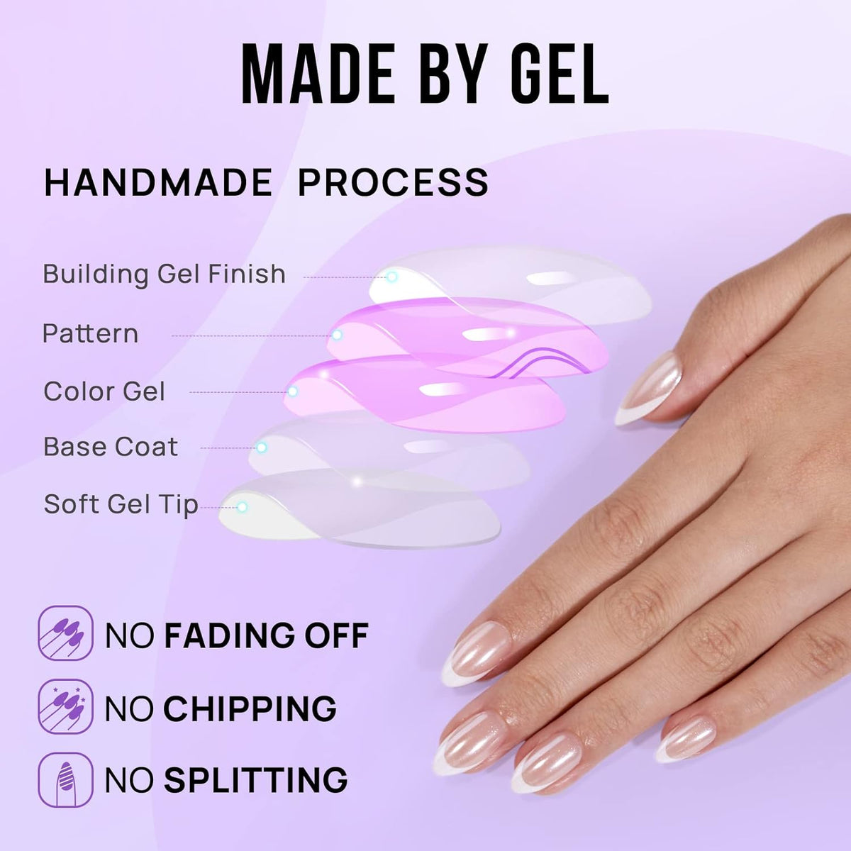 French Tip Press On Nails - BTArtbox White Almond Medium Reusable Stick On Nails in 15 Sizes - 30