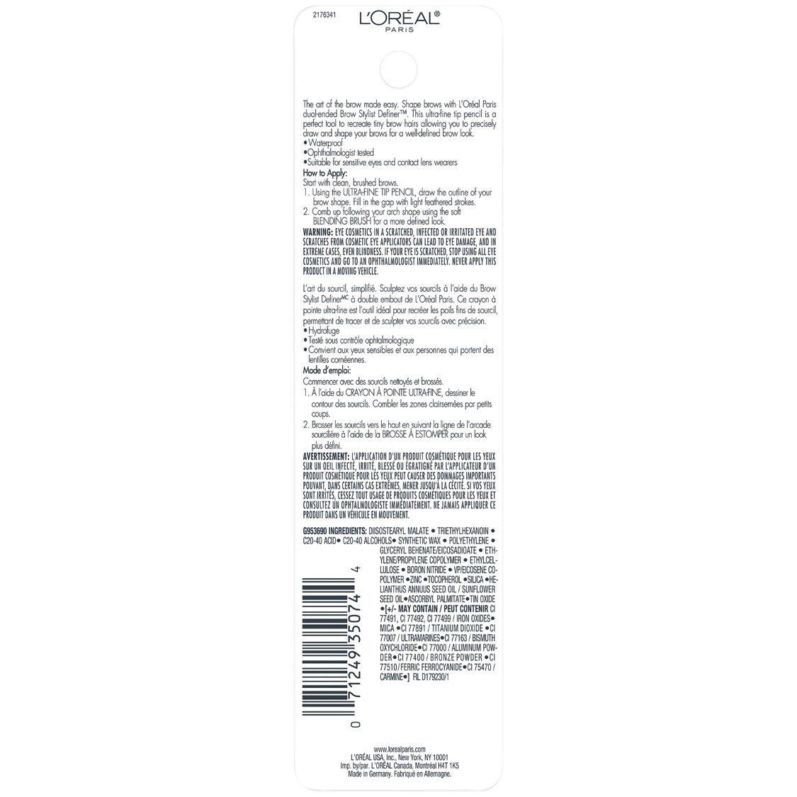L'Oreal Paris Makeup Brow Stylist Definer Waterproof Eyebrow Pencil, Ultra-Fine Mechanical Pencil