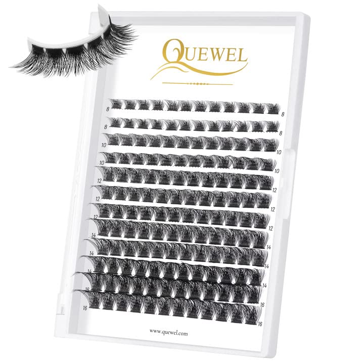 QUEWEL Cluster Lashes 144 Pcs Wide Stem Individual Lashes C/D Curl 8-16mm Length DIY Eyelash