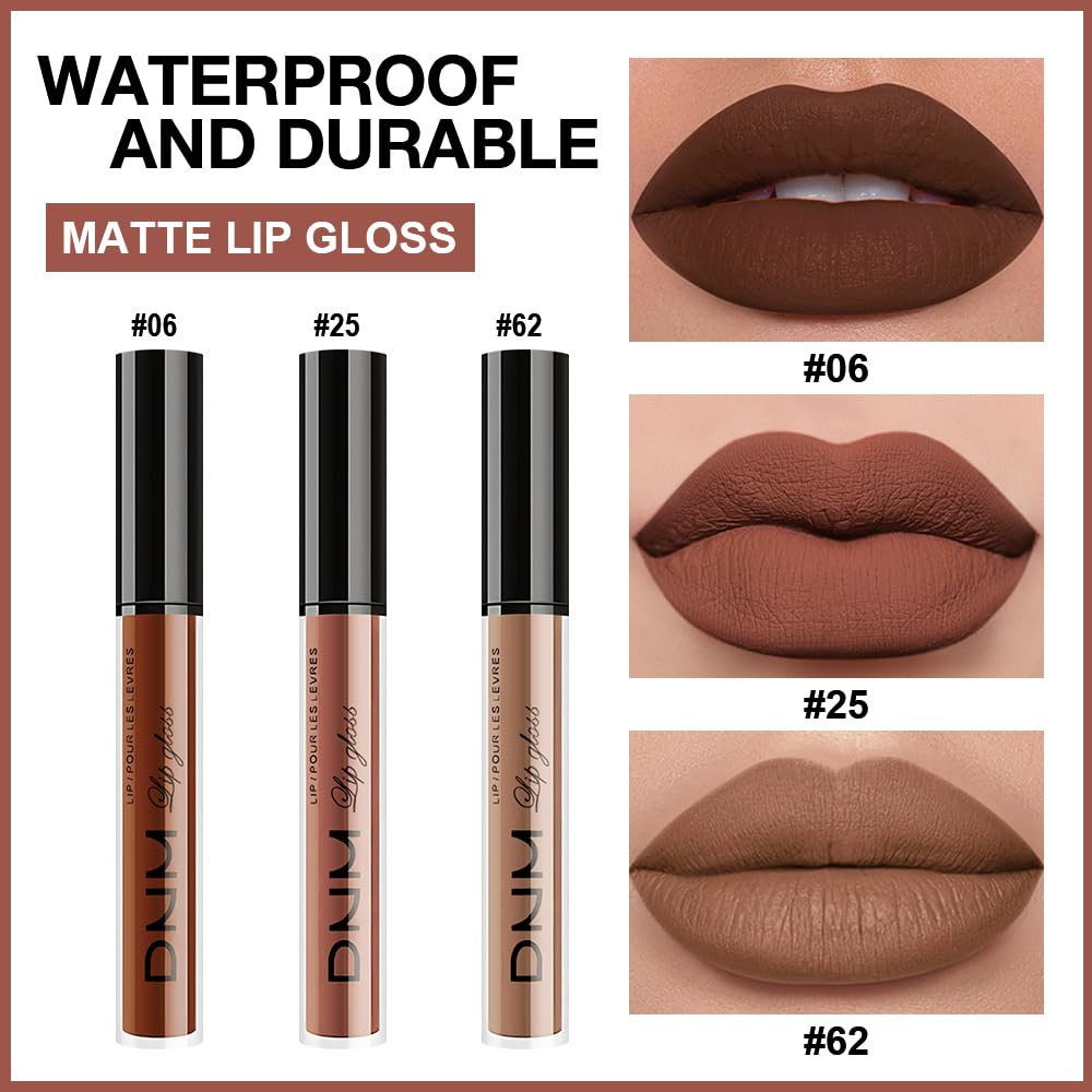 evpct 3Pcs Chocolate Red Brown Nude Matte Liquid Lipstick Lip Stain Sets for Women, Matte Lipstick