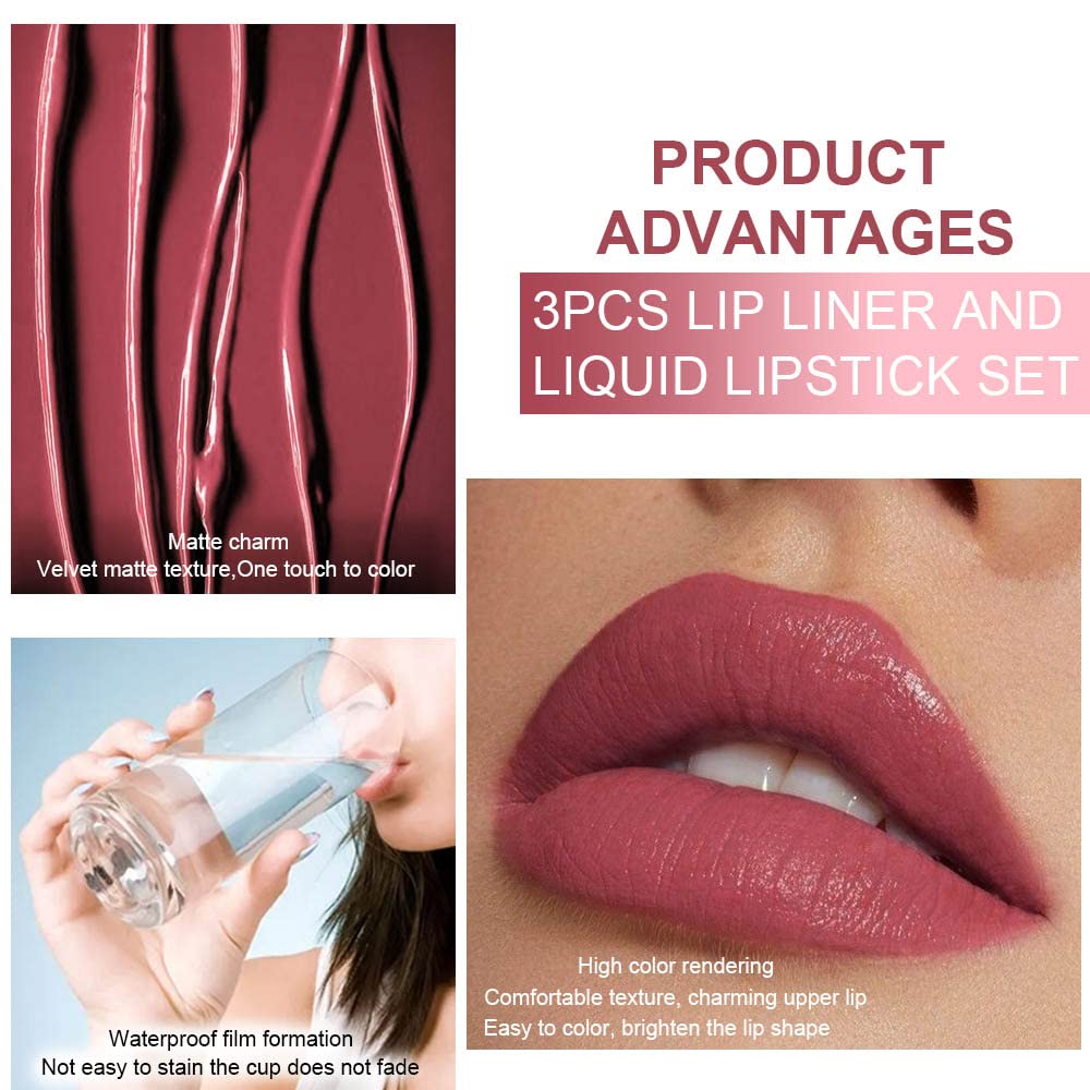evpct 3Pcs Mauve Neutral Light Rosey Nude Blue Red Matte Liquid Lipstick and Lip Liner Stain Sets