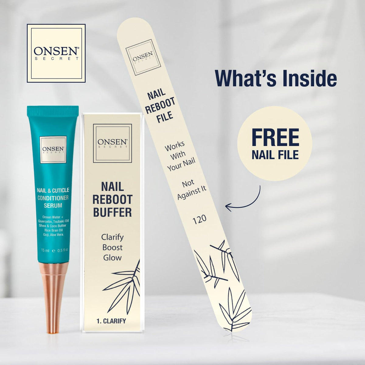 Onsen Secret Cuticle Cream Bundle, Double Sided Nail File 120/180 Grit, Nail Cuticle Oil - Japanese