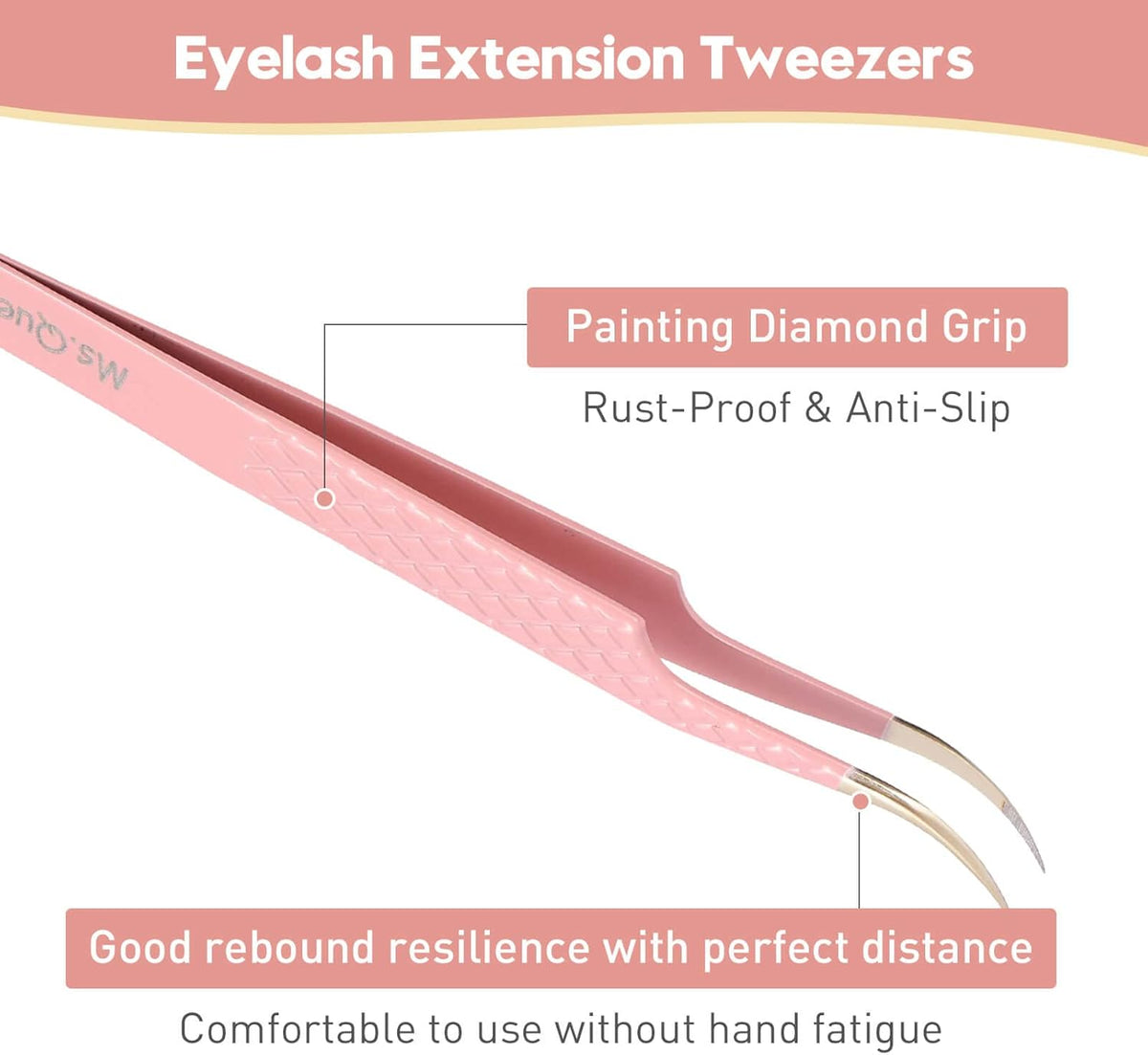 Ms.Queen Curved Tweezers for Eyelash Extensions,Diamond Grip Curved Volume Tweezers Fiber Tip