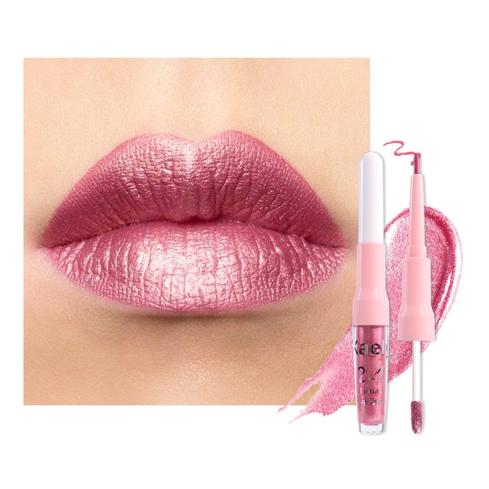 evpct Warm Pink Metallic Glitter Lip Liner and Lipstick Combo Lip Gloss Stain Set Makeup for Women