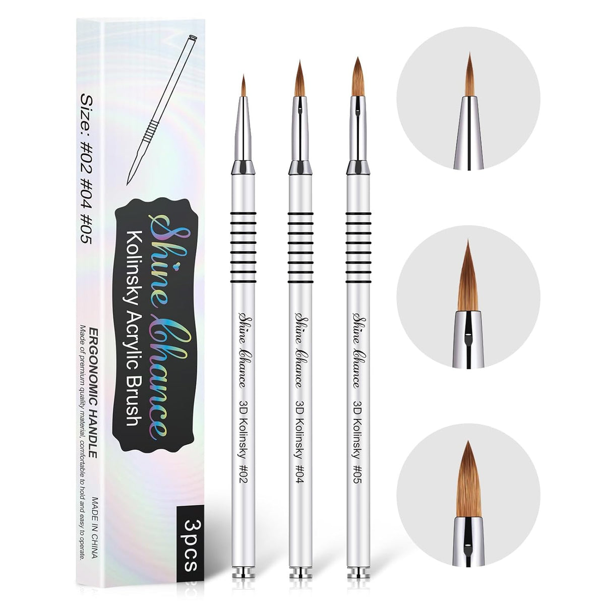 3Pcs 3D Nail Brushes Set Size 2 4 5, Kolinsky Hair Acrylic Flower Nail Art Brush, Art Design &