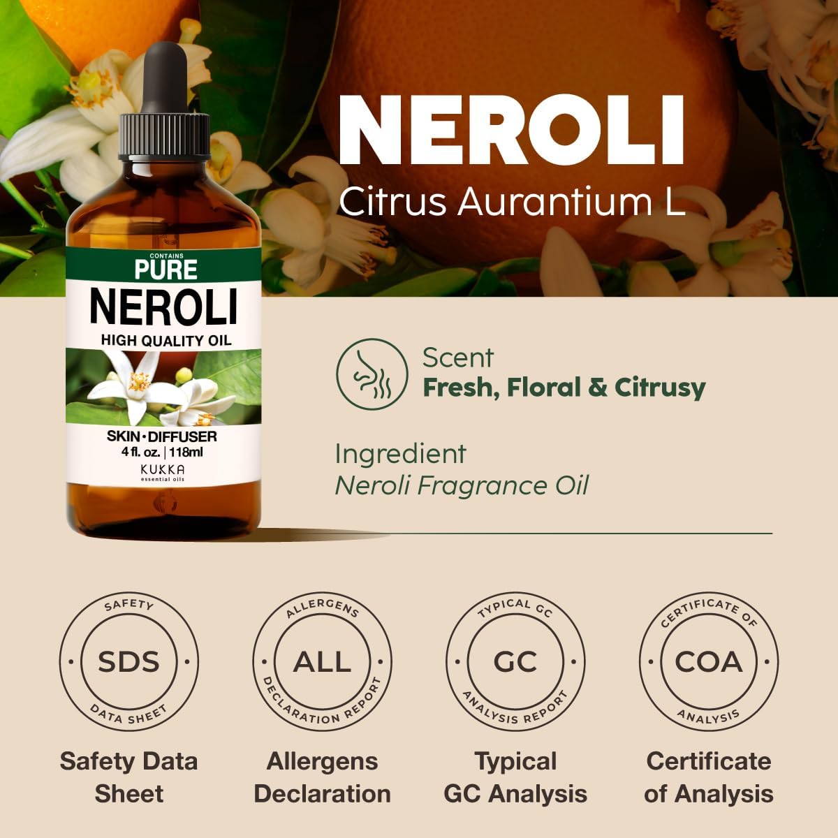 Kukka Neroli Essential Oil for Diffuser Skin - 4 Fl Oz - Neroli Oil, Floral Scent, for