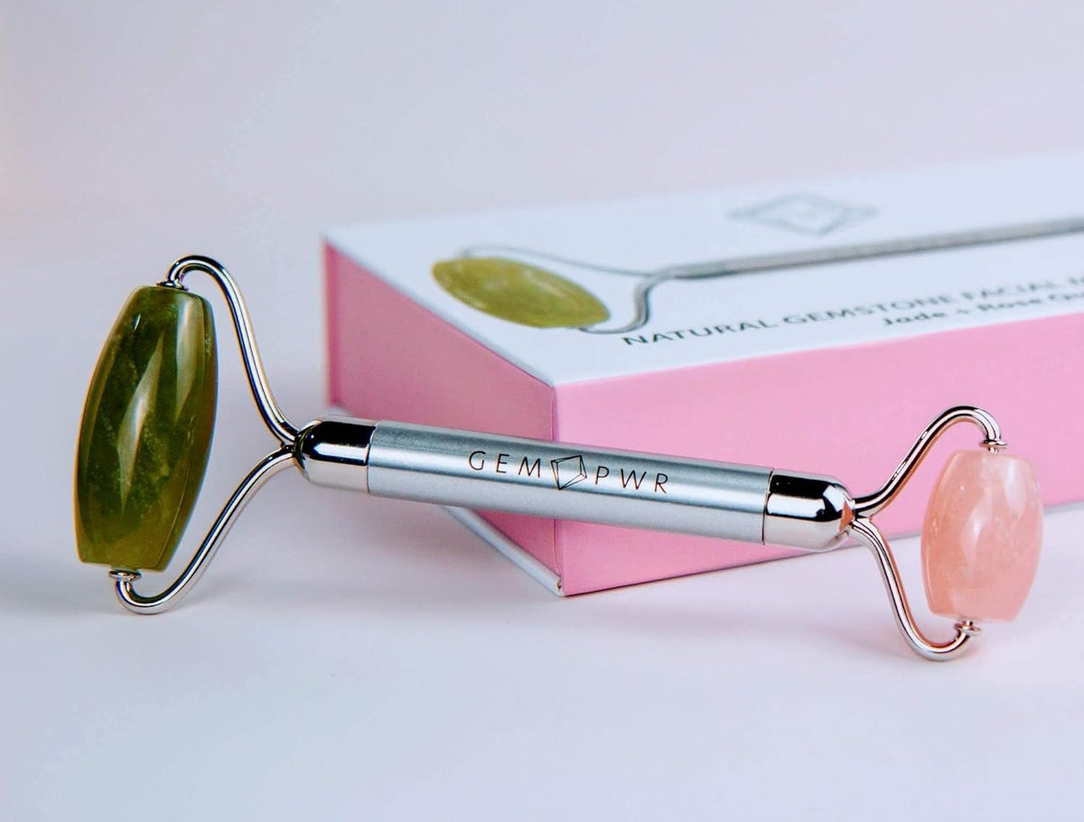 Rose Quartz + Jade Roller for Face and Neck Massage, Dual Gemstones with Durable Steel Handle and