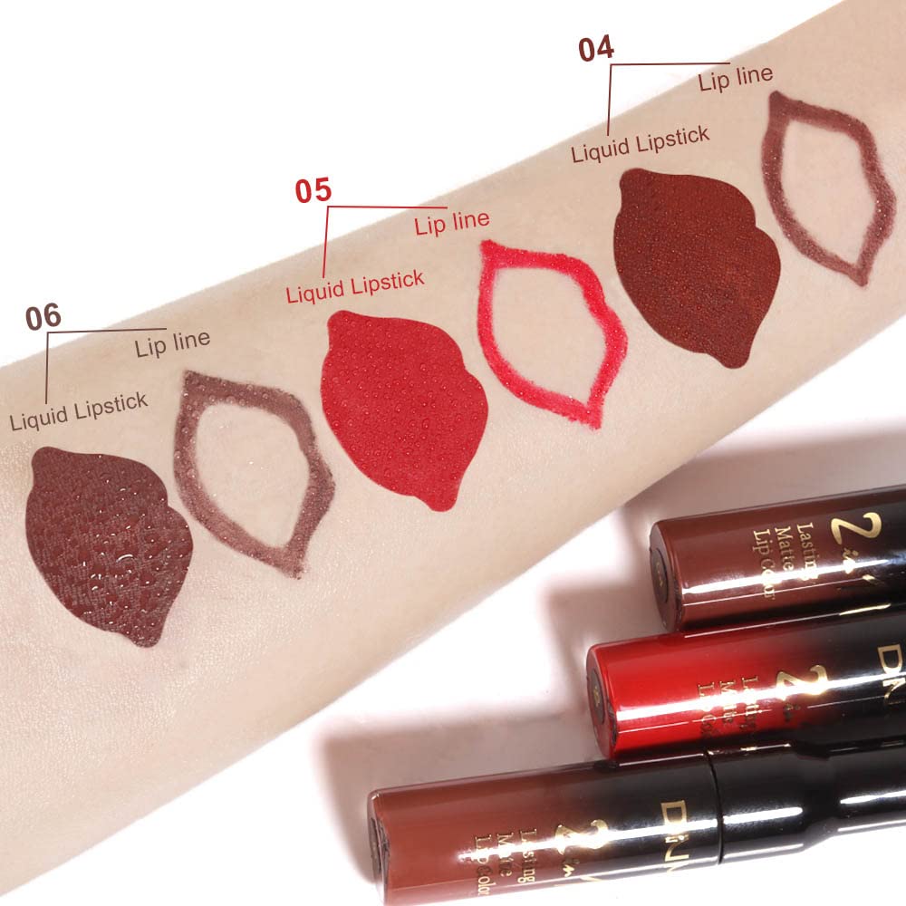 evpct 3Pcs Dark Brown Ruby Deep Red Matte Lip Liner Pencil and Liquid Lipstick Sets for Women Long