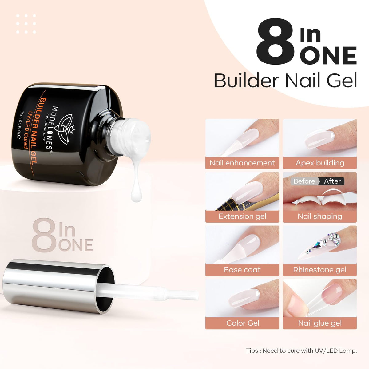 modelones Builder Nail Gel, Milky White Builder for Nail Thickening, 8-in-One LED Lamp Cured