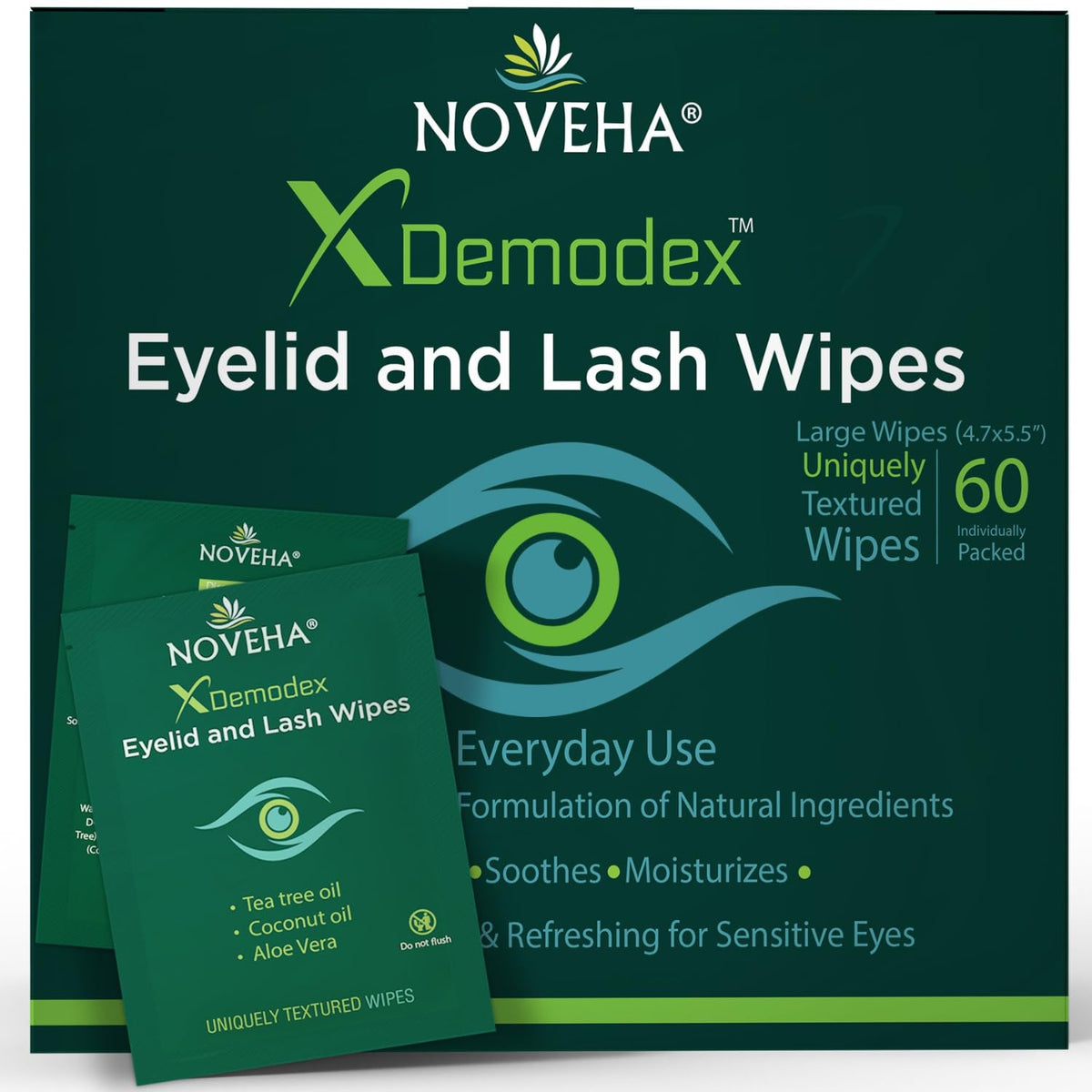 NOVEHA Demodex Eyelid & Lash Wipes | Box Of 60 Individually Wrapped Extra Strength Cleansing