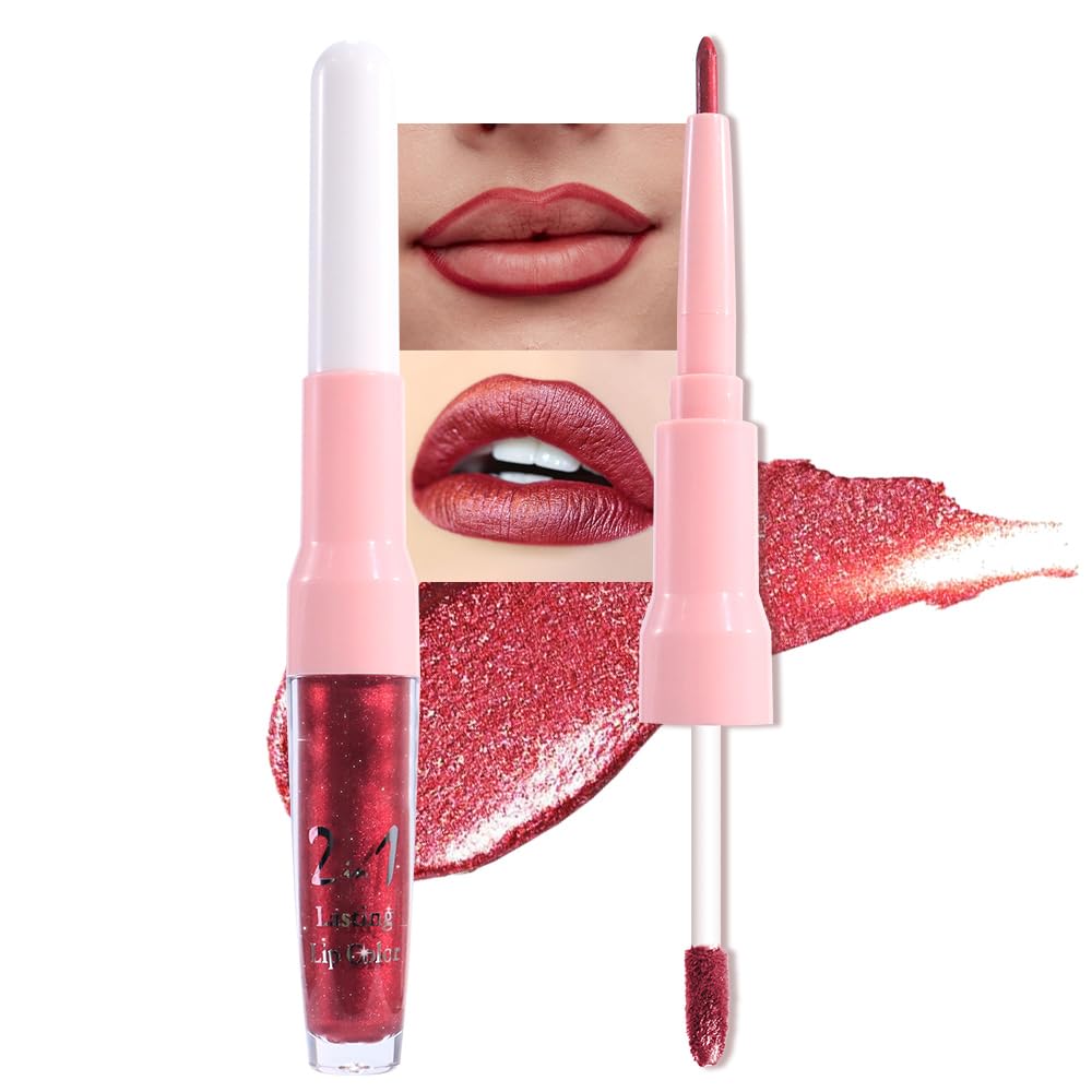 evpct Dark Red Metallic Glitter Lip Liner and Lipstick Combo Lip Gloss Stain Set Makeup for Women