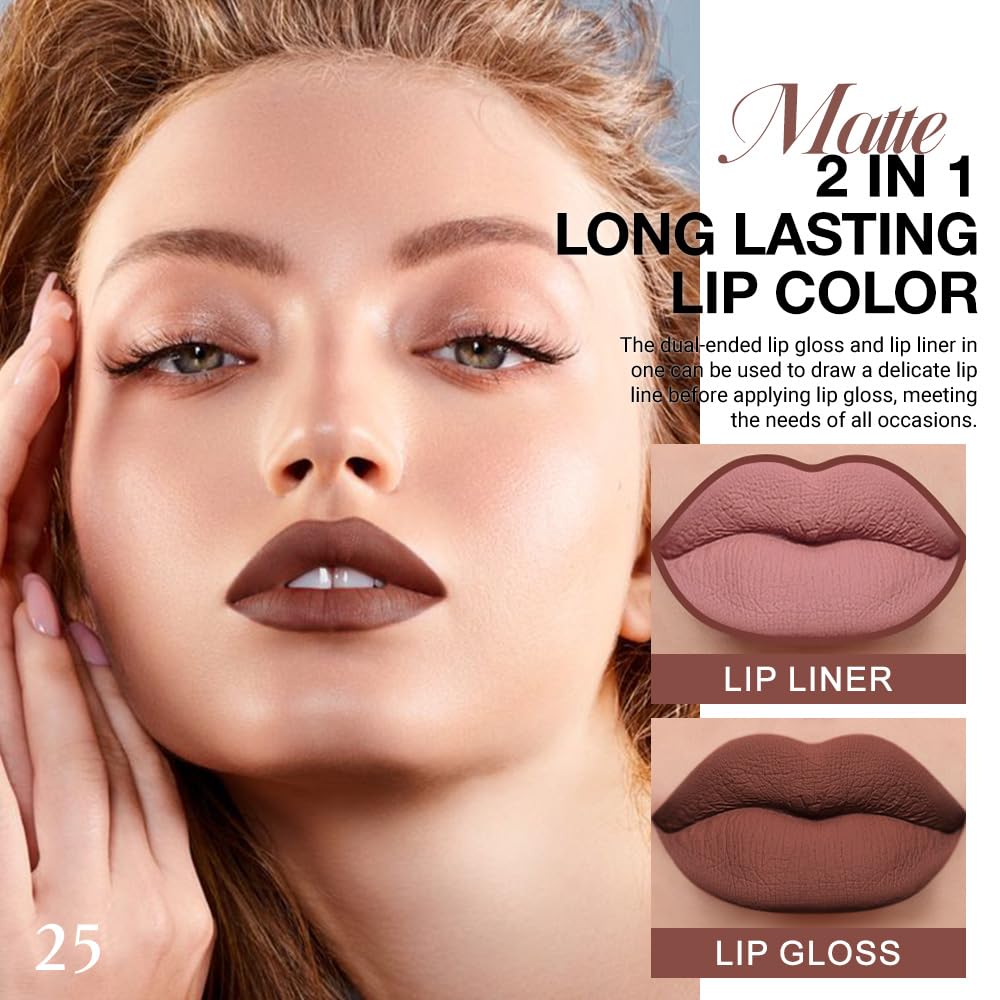 evpct 1Pcs Nude Brown Matte Lip Liner and Liquid Lipstick Stain Makeup Set for women, Brown Long