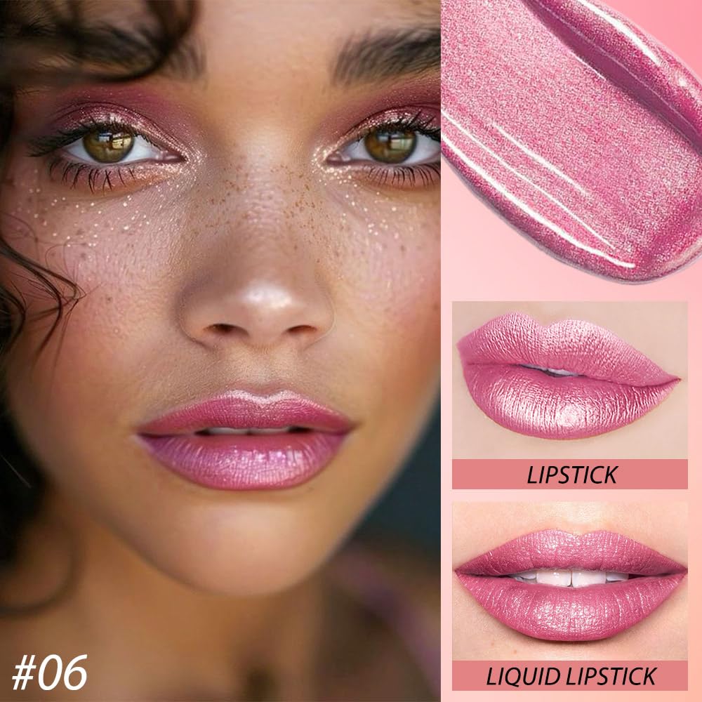 evpct 2 in 1 Rose Pink Glitter Metallic Shimmer Diamond Lipstick and Lip Gloss Set for Women Long