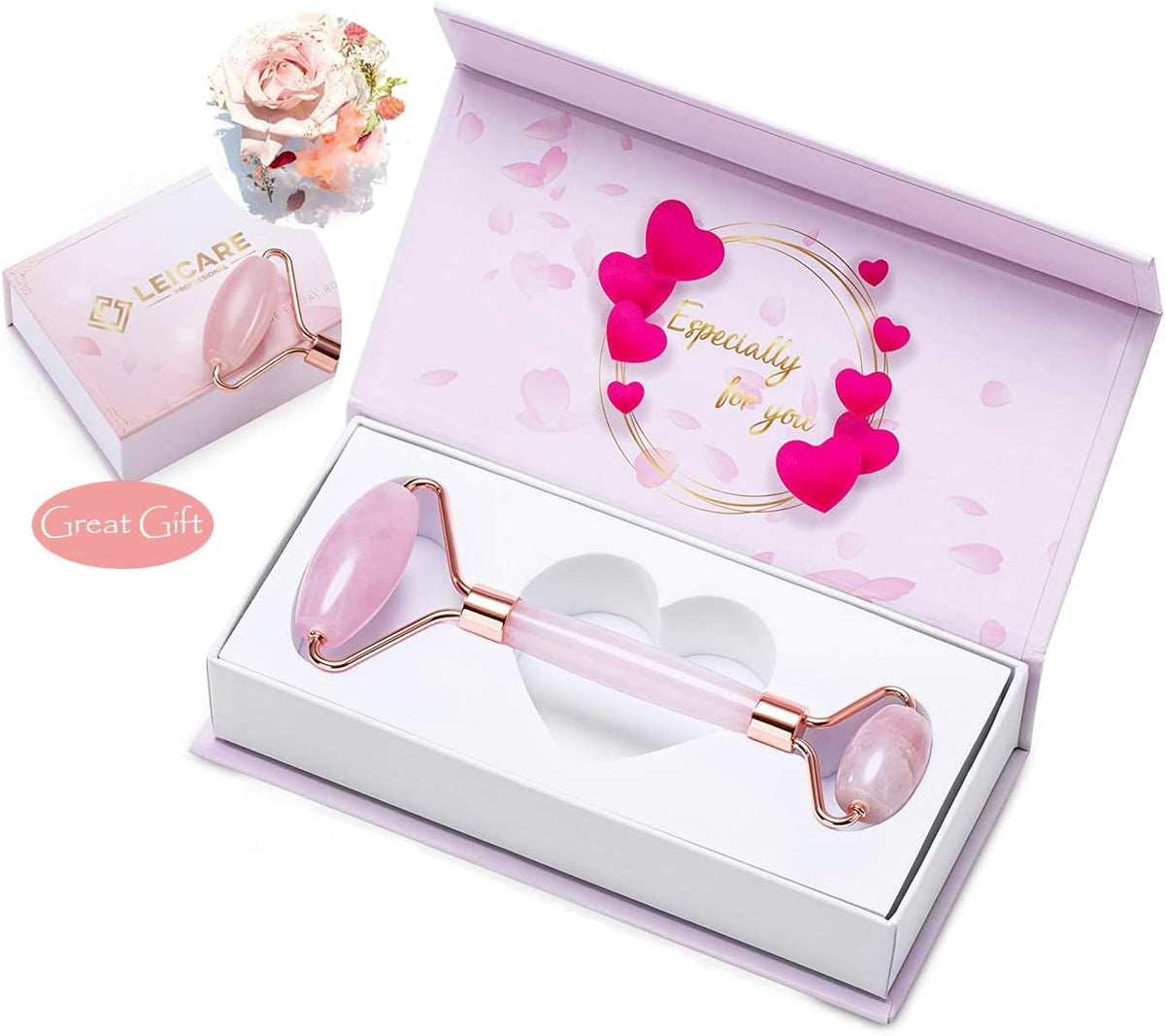 Jade Roller for Face - Rose Quartz Face Roller Skin Care - Stone Facial Roller, Face Massager for