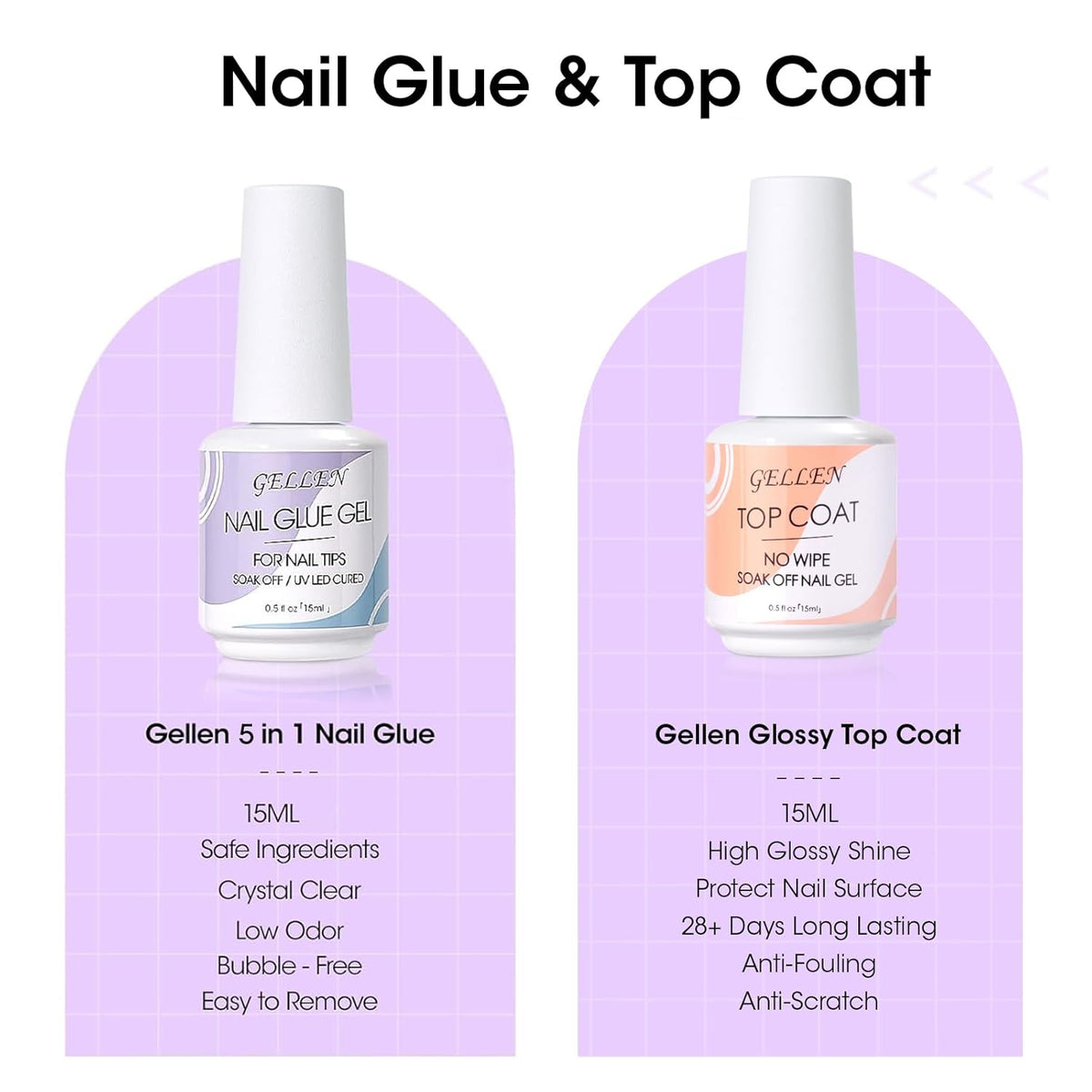 Gellen Nail Glue Gel & No Wipe Top Coat, 5 in 1 UV Nail Glue for Acrylic Nails, High Shiny Top Coat