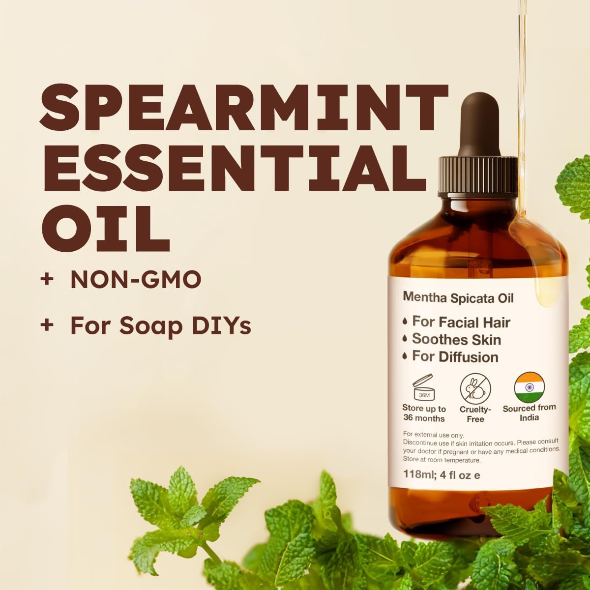 Kukka Spearmint Oil for Facial Hair - 4 Fl Oz - Aromatherapy Spearmint Essential Oil for Skin &