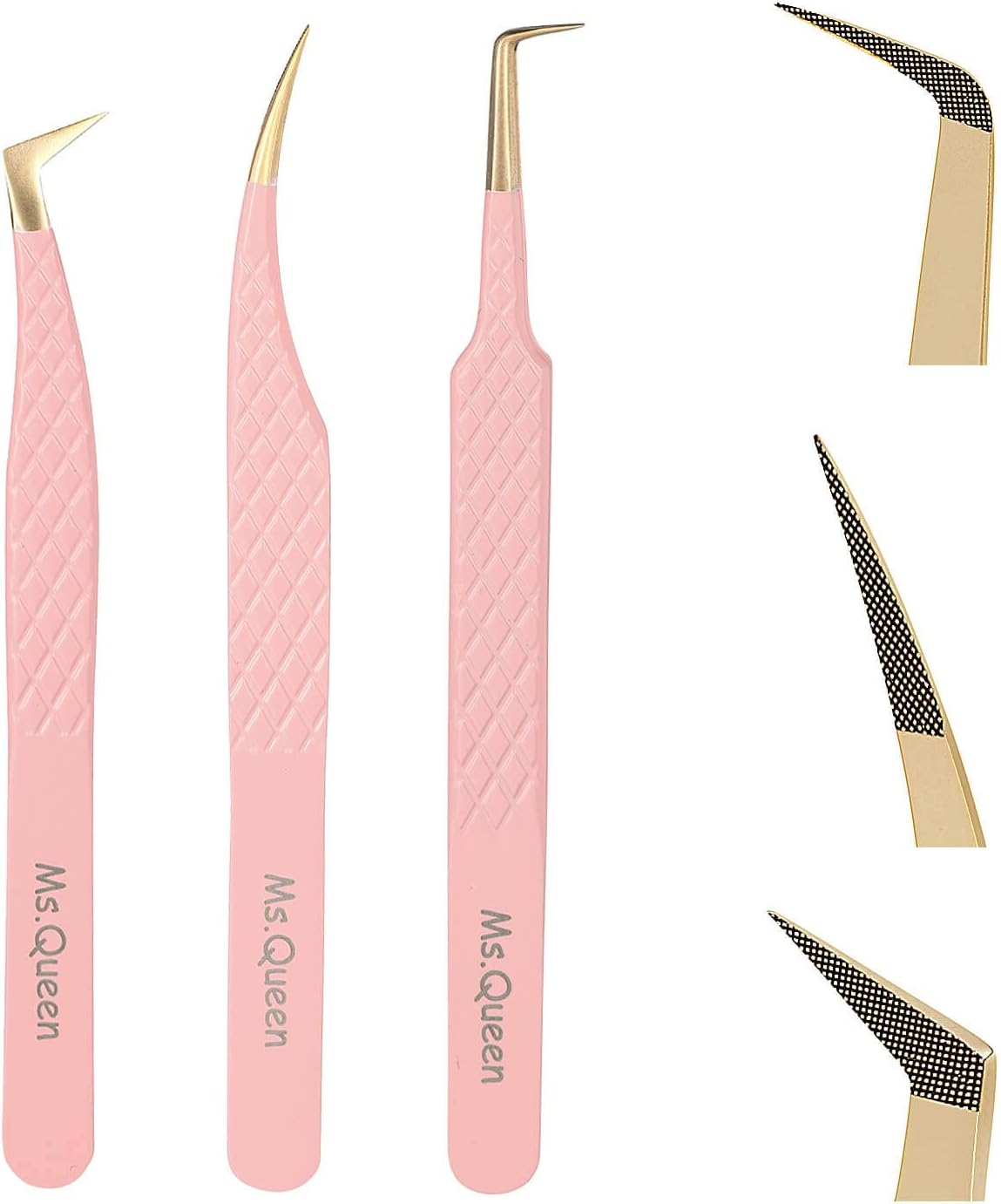 Ms.Queen Lash Tweezers for Eyelash Extensions,Precision 3Pcs Fiber Tip Grip 90 Degree L-Shaped Boot