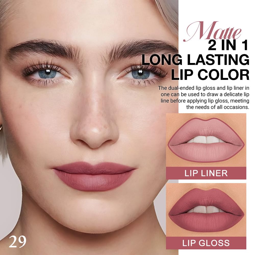 evpct 1Pcs Antique Rose Matte Lip Liner and Liquid Lipstick Stain Makeup Set for women, Nude Pink