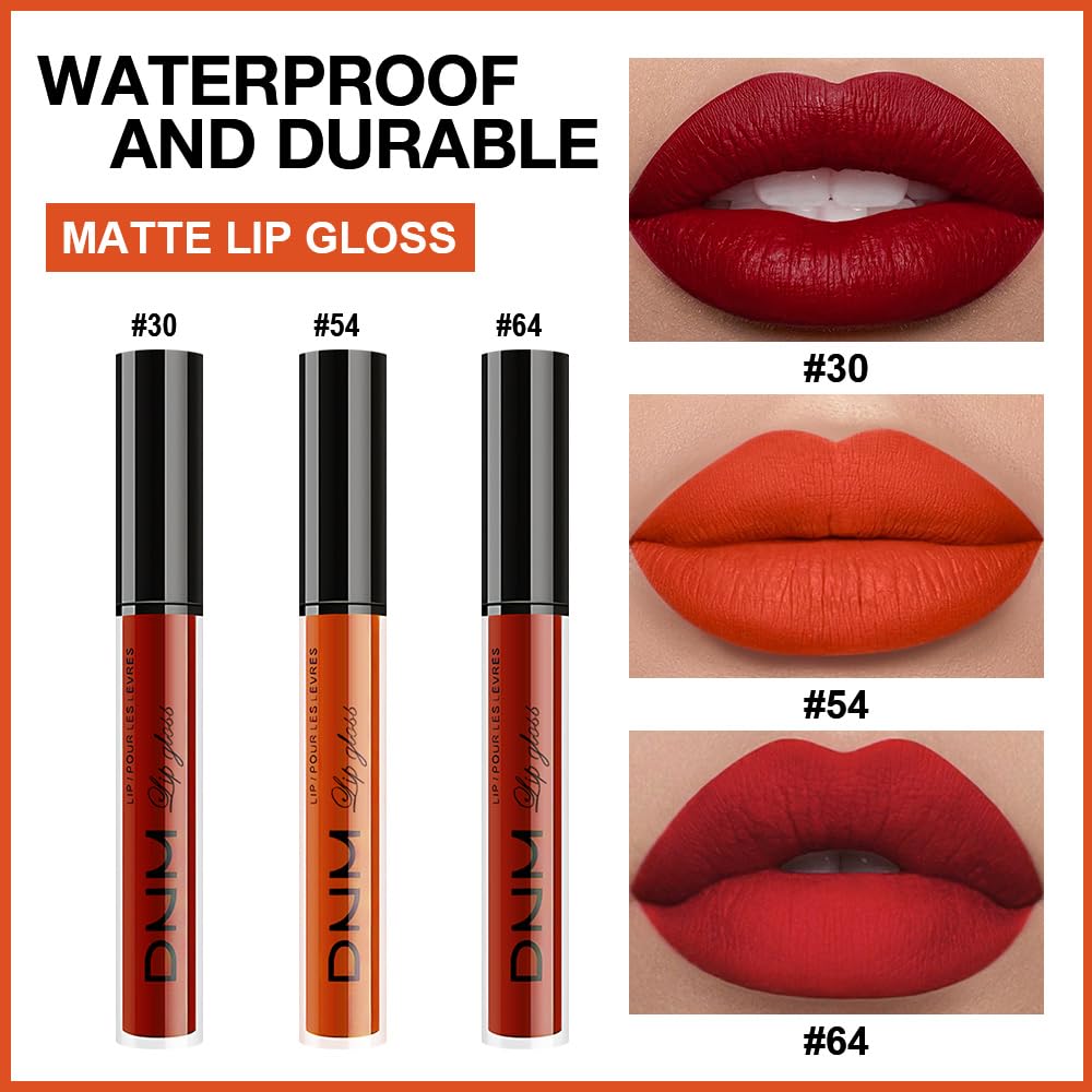 evpct 3Pcs Dark Orange Ruby Red Matte Liquid Lipstick Lip Stain Sets for Women, Matte Lipstick Long