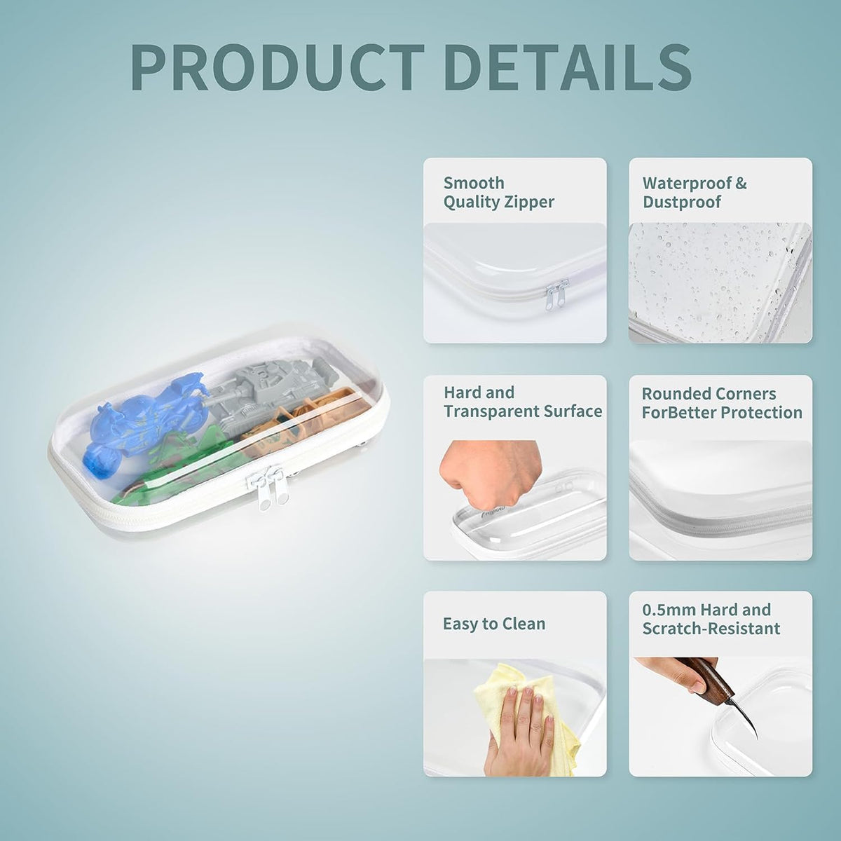 Set of 2 - Hard Sided Clear Zipper Case for Storage - Professional-Grade Plastic Hard Shell