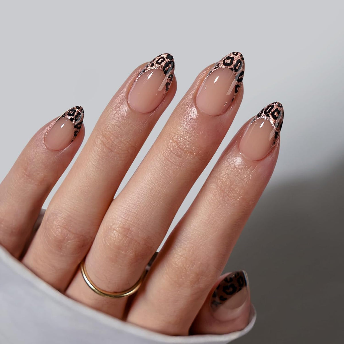 BTArtbox Press On Nails Short - Lamp-Curable Leopard French Tip Almond Press On Nails with Glue for