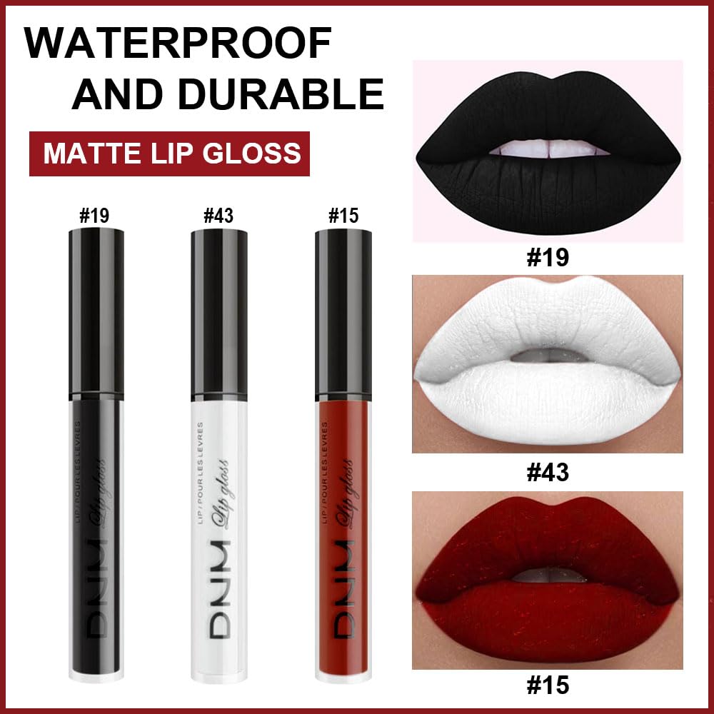 evpct 3Pcs Dark Black White Red Matte Liquid Lipstick Lip Stain Sets for Women Matte+Lipstick Long