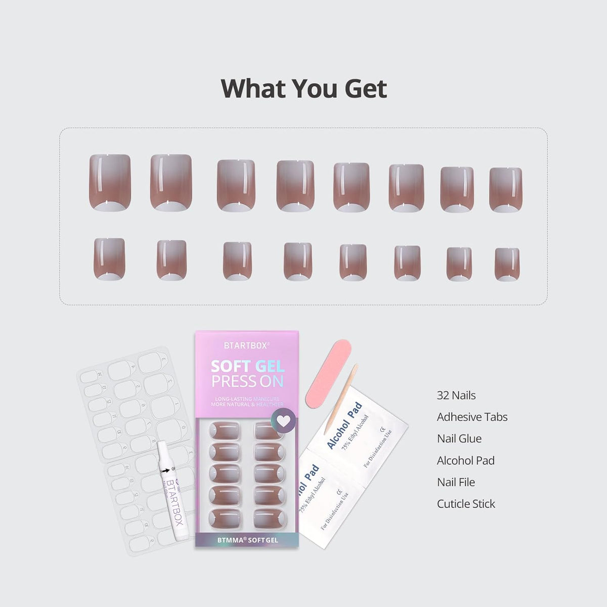 BTArtbox Short Ombre Press On Nails - Square Nail Tips with Glue for Women, Opaque Soft Gel Glue On