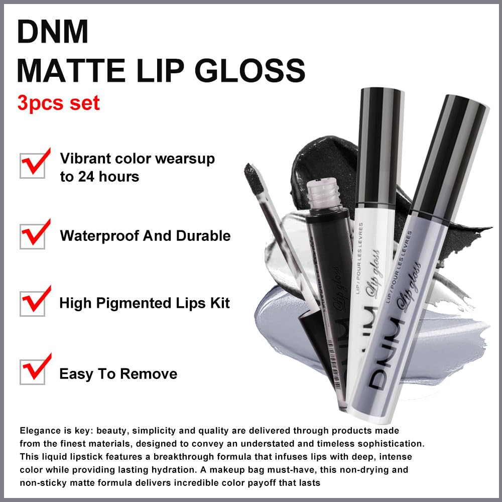 evpct 3Pcs Dark Black Grey Gray White Matte Liquid Lipstick Lip Stain Sets for Women Matte+Lipstick