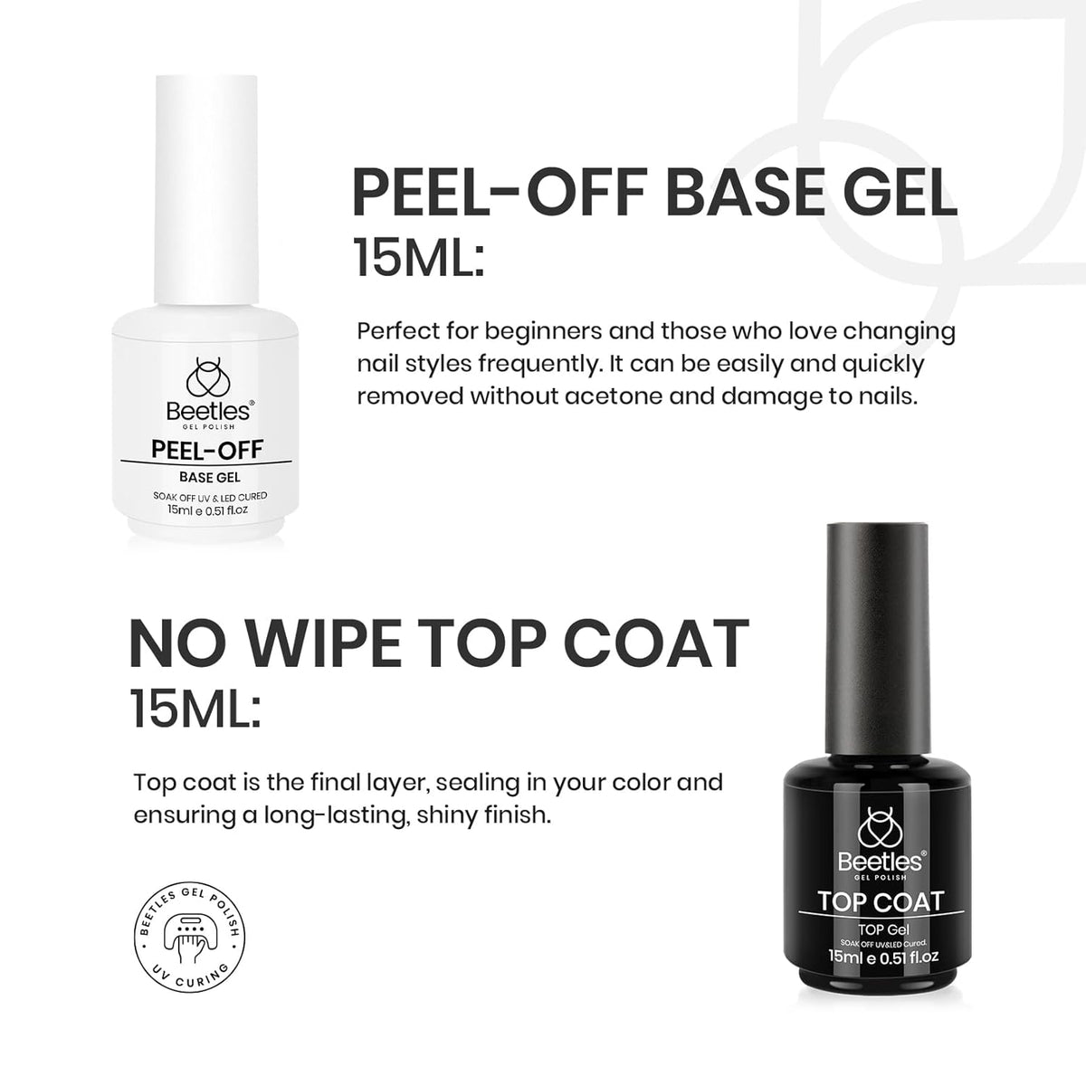 Beetles Peel Off Base Coat and Top Coat Gel Nail Polish Set, 2Pcs 15ml Peelable Base Gel and Top