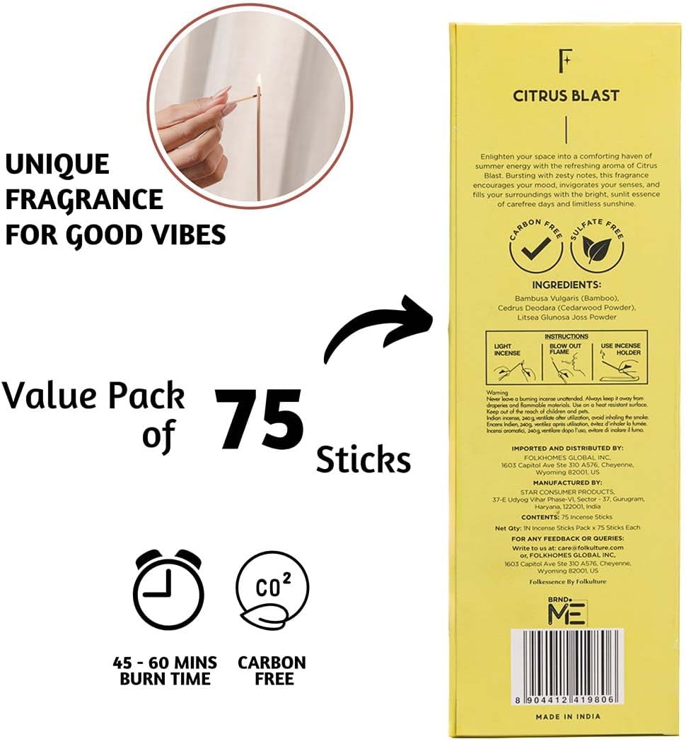 Folkulture Incense Stick for Home | Pack of 75 (8") Insence-Sticks for Meditation with 45 Mins Burn