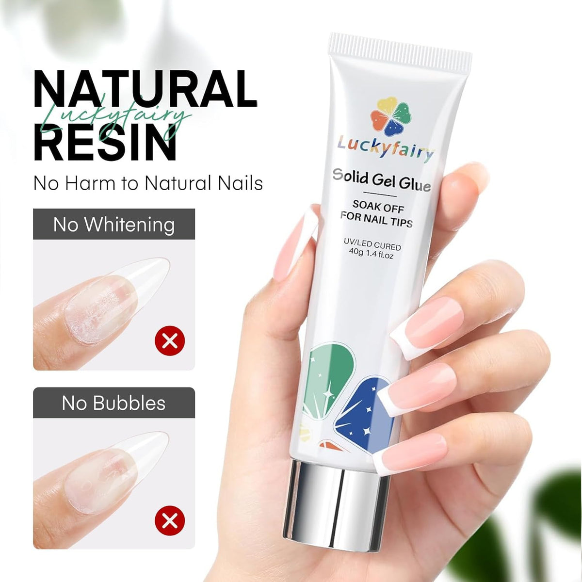 40ml Super Strong Nail Glue Soft Solid Gel Nail Glue for Press Ons Acrylic Nails, Mess Free, Lamp