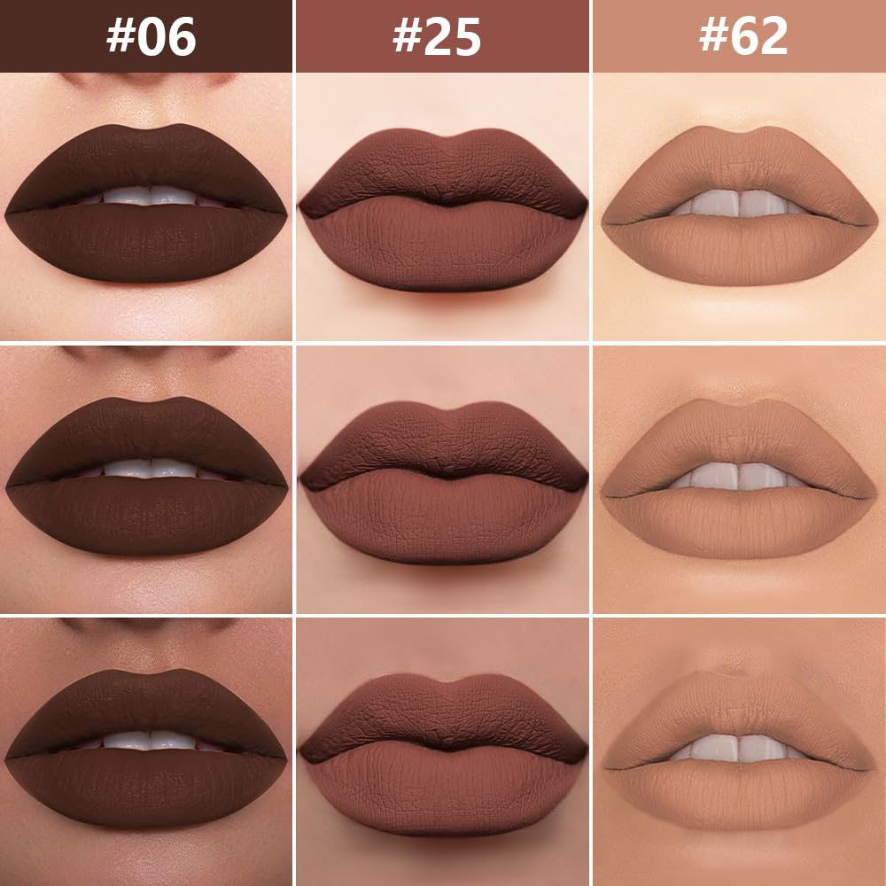 evpct 3Pcs Chocolate Nude Brown True Nude Matte Lip Liner & Liquid Lipstick Stain Makeup Set for