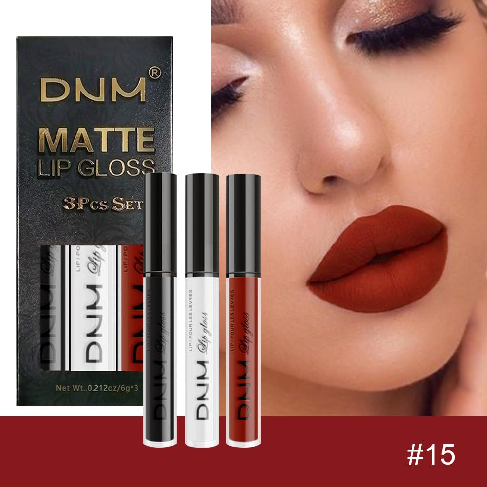 evpct 3Pcs Dark Black White Red Matte Liquid Lipstick Lip Stain Sets for Women Matte+Lipstick Long