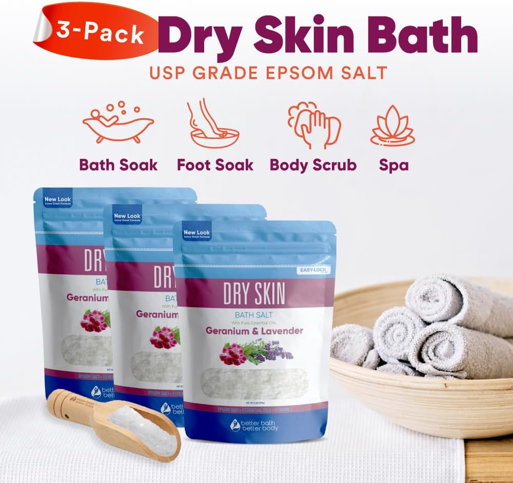 Dry Skin Bath Salt (3 Pack with Scoop) Skin Soothing Epsom Salt with Pure Essential Oils in BPA
