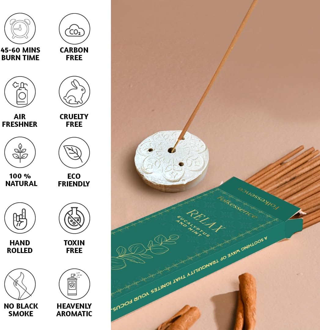 Folkulture Incense Sticks | Set of 100 Insence-Sticks with Holder for Relaxation | Eucalyptus &