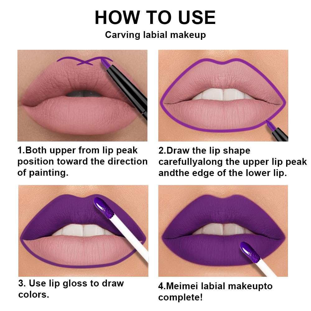 evpct 3Pcs Lavender Dark Violet Purple Matte Lip Liner & Liquid Lipstick Stain Makeup Set for
