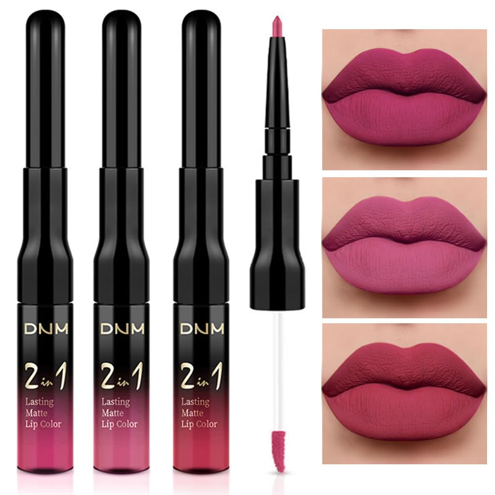 evpct 3Pcs Rose red plum Warm pink Deep cranberry Lip Stain Matte Lip Liner and Lipstick Set Long