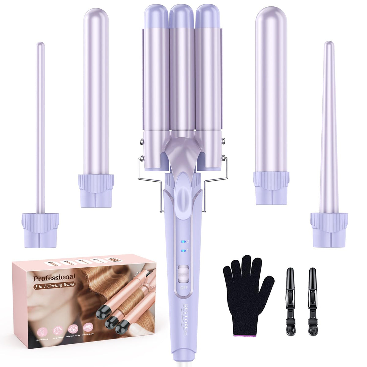 Waver Curling Iron Wand - BESTOPE PRO 5 in 1 Curling Wand Set with 3 Barrel Hair Crimper for Women