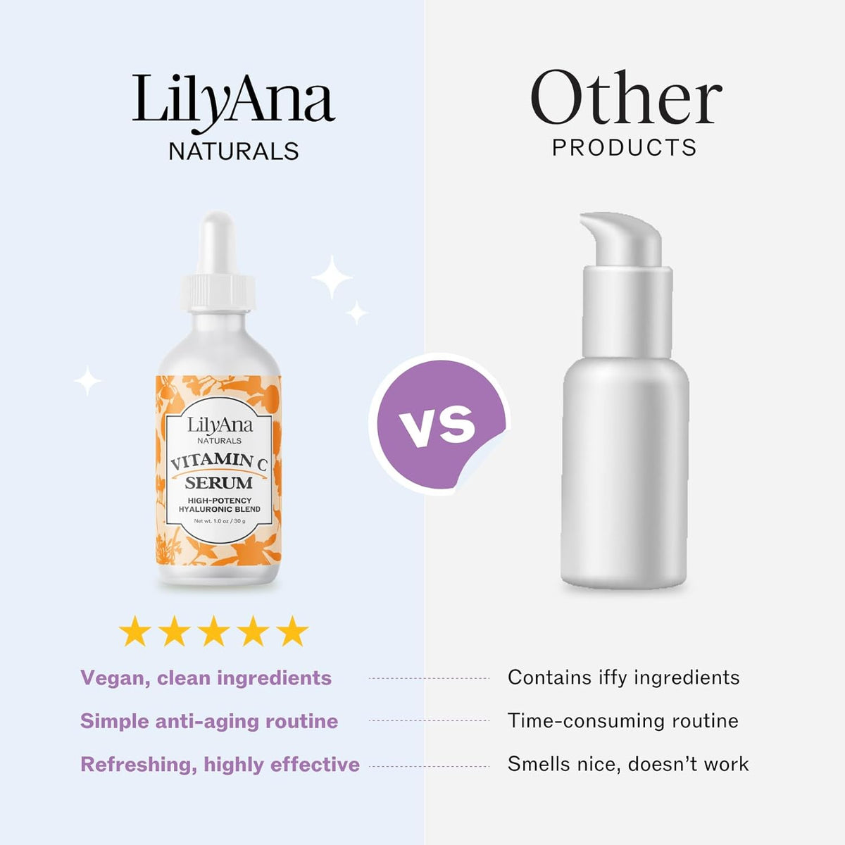 LilyAna Naturals Vitamin C Serum for Face - with Hyaluronic Acid and Vitamin E, Anti Aging Serum