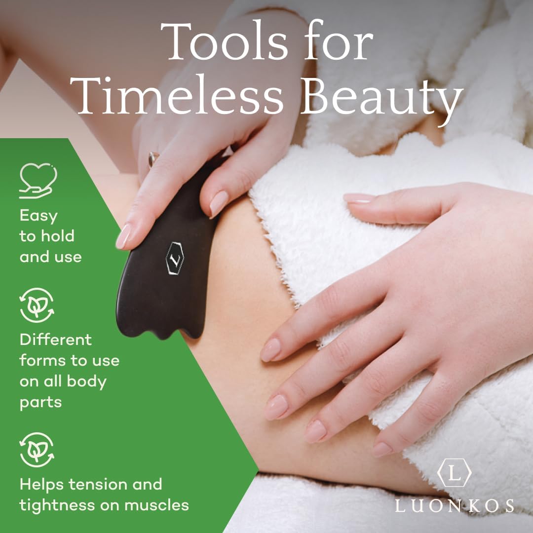 LUONKOS Gua Sha Tools Set - Large Black Bian Stone, 4-Pc - Face & Lymphatic Drainage Massager