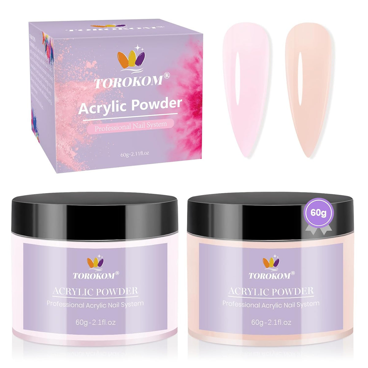 TOROKOM Acrylic Nail Powder Set, 2 Colors Nude Pink Acrylic Powder Colored for 3D Art Nail Carving