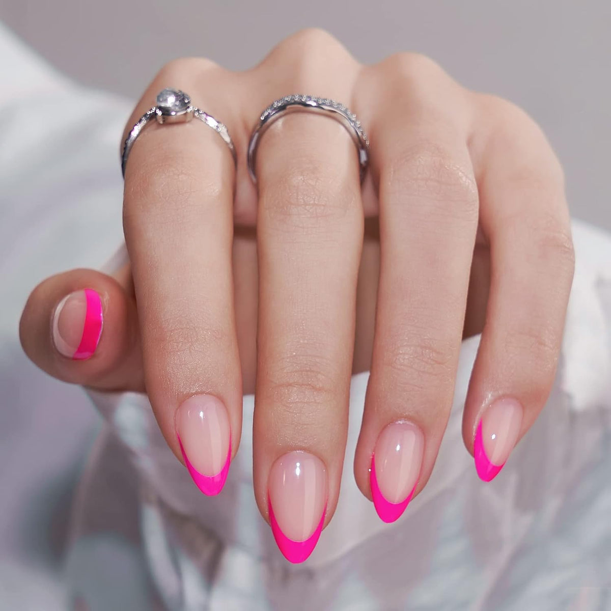 French Tip Press On Nails Almond - BTArtbox Hot Pink Short Stick On Nails for Women, Glue On Nails