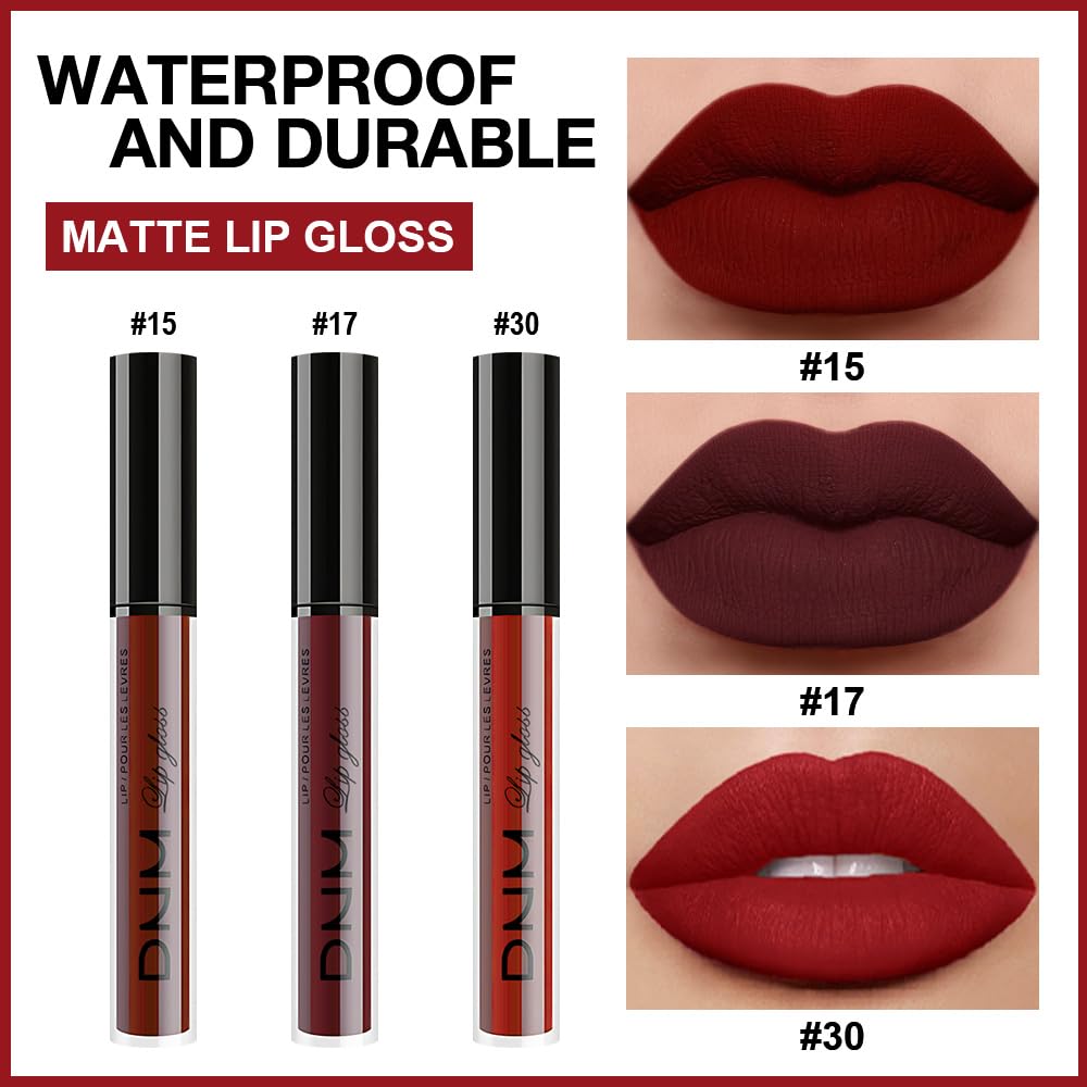 evpct 3Pcs Dark Red Deep Red Oxblood Red Matte Liquid Lipstick Lip Stain Sets for Women